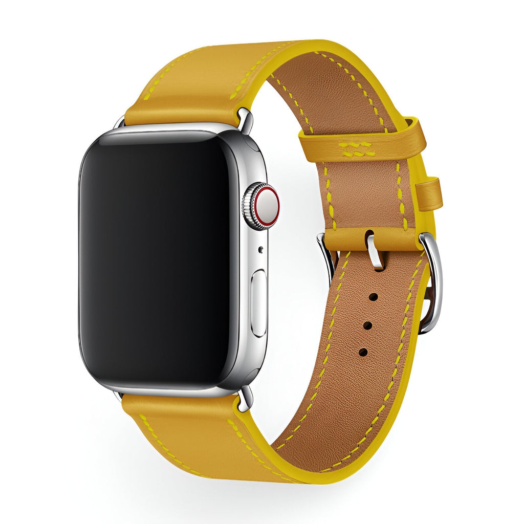 Bracelet Apple Watch en cuir jaune avec boucle argentée, taille moyenne 38-42 mm.