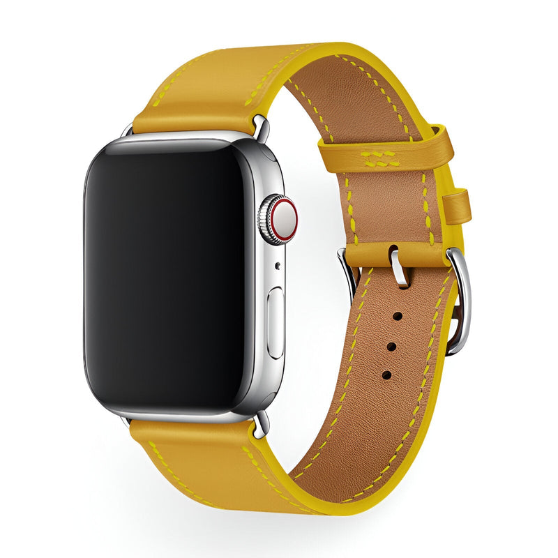 Bracelet Apple Watch en cuir jaune avec boucle argentée, taille moyenne 38-42 mm.