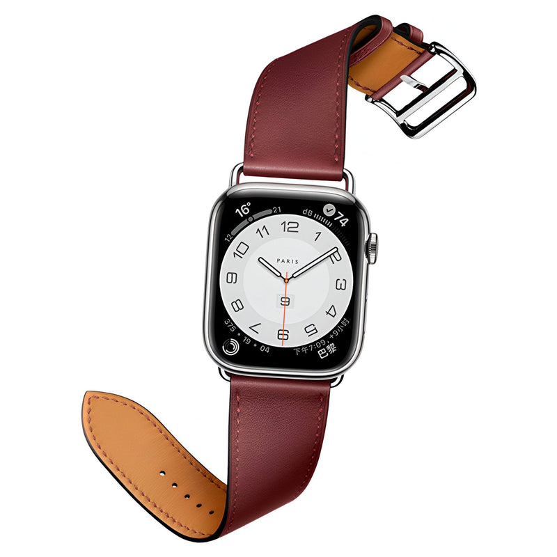Bracelet Apple Watch en cuir rouge bordeaux, boucle argentée, intérieur cuir naturel beige.