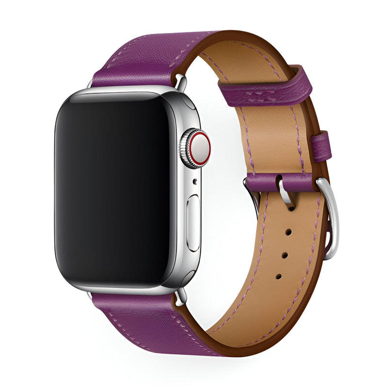 Bracelet en cuir violet pour Apple Watch, finition lisse, boucle argentée ajustable.
