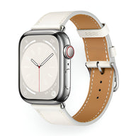 Bracelet en cuir blanc cassé pour Apple Watch, intérieur marron clair, couture contrastée, boucle argentée.