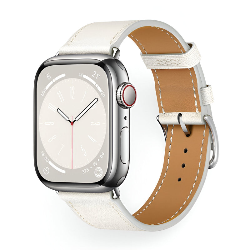 Bracelet en cuir blanc cassé pour Apple Watch, intérieur marron clair, couture contrastée, boucle argentée.