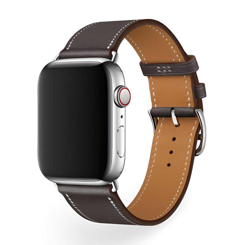 Bracelet pour Apple Watch en cuir marron foncé avec couture blanche et boucle argentée.
