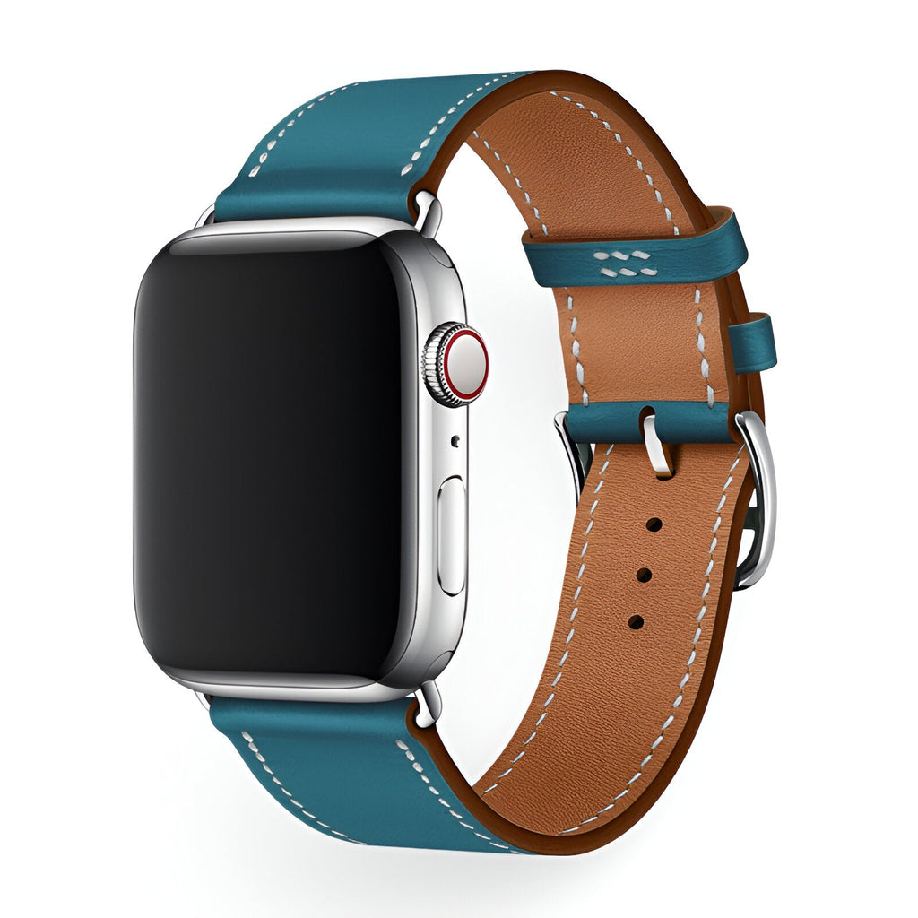 Bracelet pour Apple Watch en cuir bleu nuit avec coutures blanches et boucle argentée.