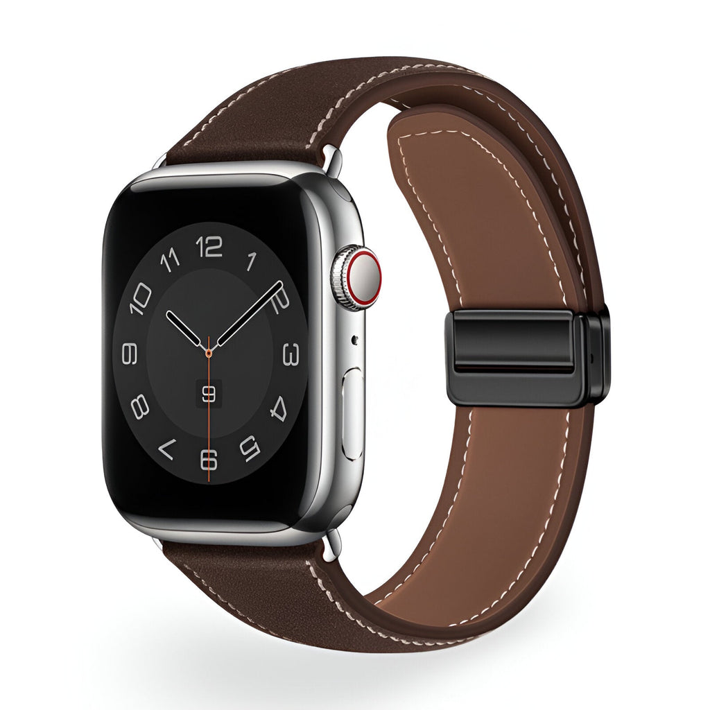 Bracelet en cuir marron avec couture blanche pour Apple Watch 43-49 mm modèle Ozias.