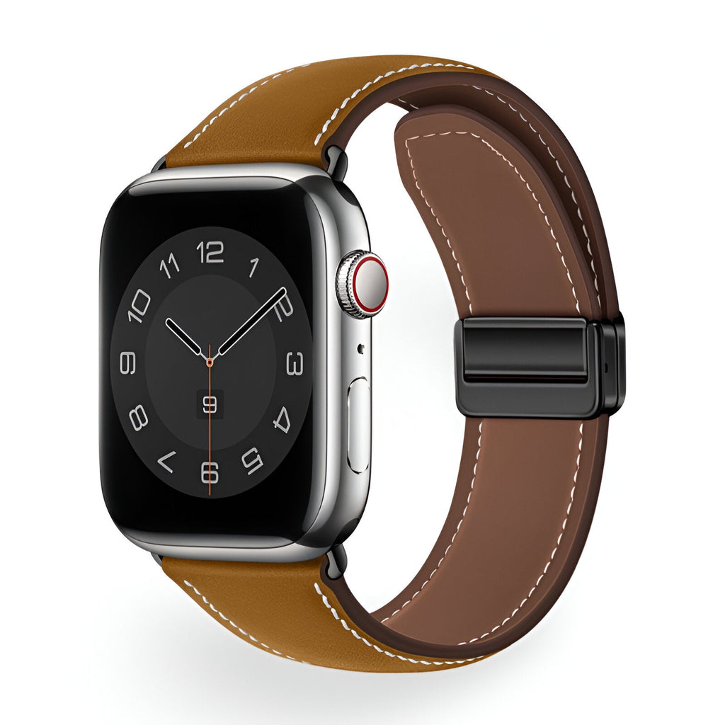 Bracelet Apple Watch en cuir marron avec surpiqûres blanches et boucle noire, taille 43-49 mm.