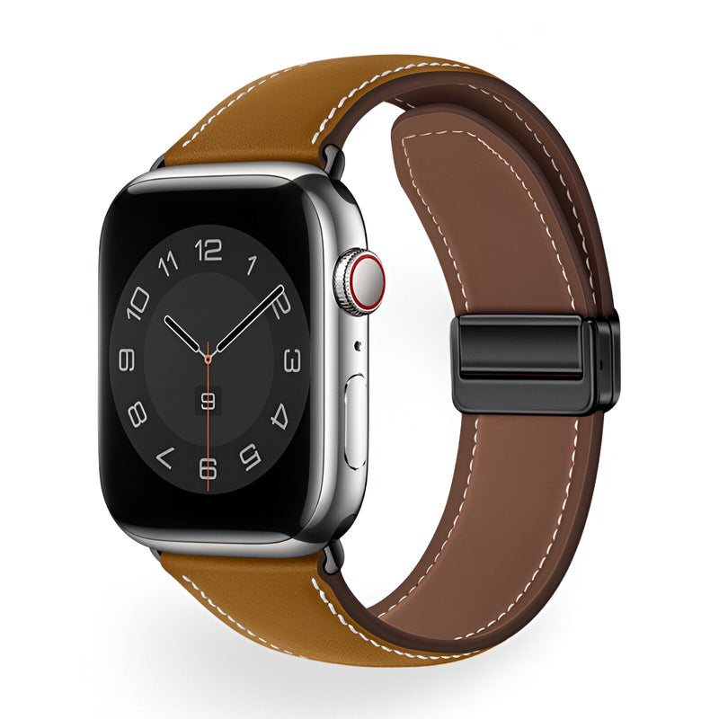 Bracelet Apple Watch en cuir marron avec surpiqûres blanches et boucle noire, taille 43-49 mm.