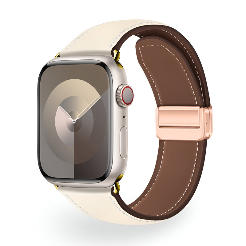 Bracelet Apple Watch en cuir blanc extérieur et intérieur marron avec boucle métallique rose doré.