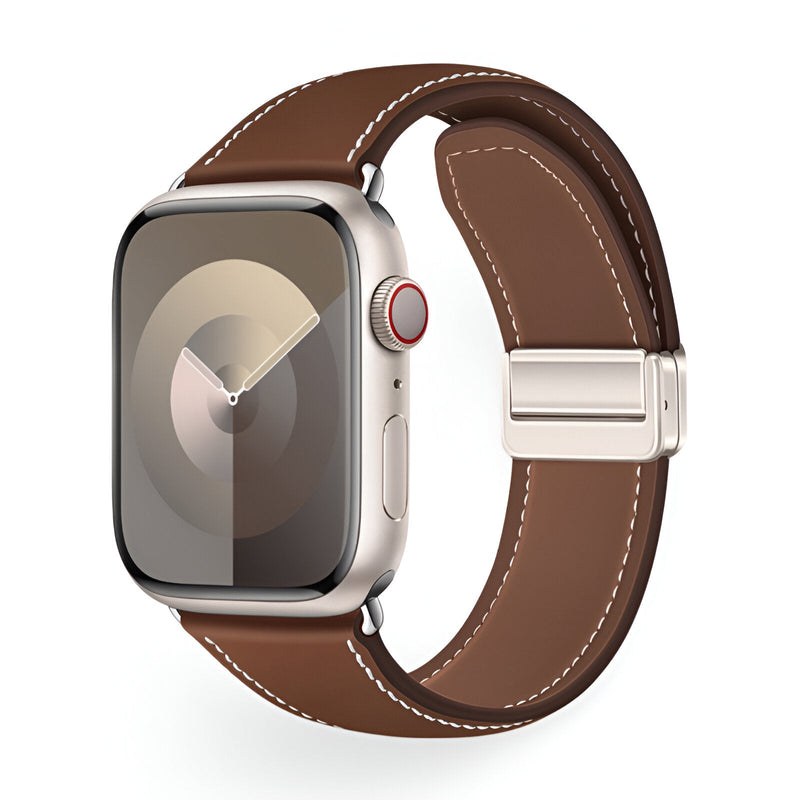 Bracelet pour Apple Watch en cuir marron avec surpiqûres blanches et boucle métal argenté.