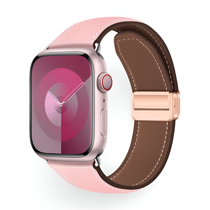 Bracelet Apple Watch en cuir rose clair avec boucle métallique rose, modèle Ozias, style mixte.