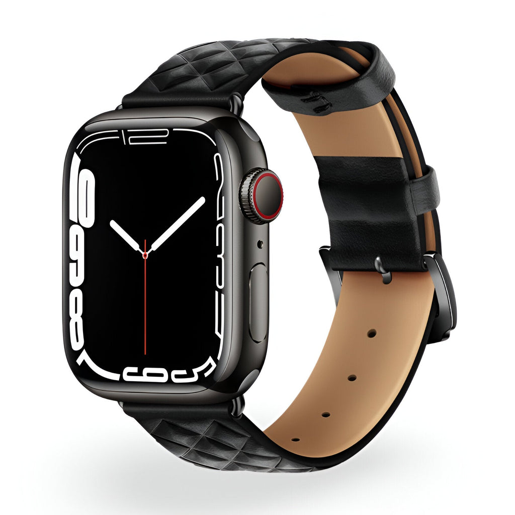 Bracelet Apple Watch en cuir noir matelassé, intérieur beige, boucle noire élégante.