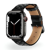 Bracelet Apple Watch en cuir noir matelassé, intérieur beige, boucle noire élégante.