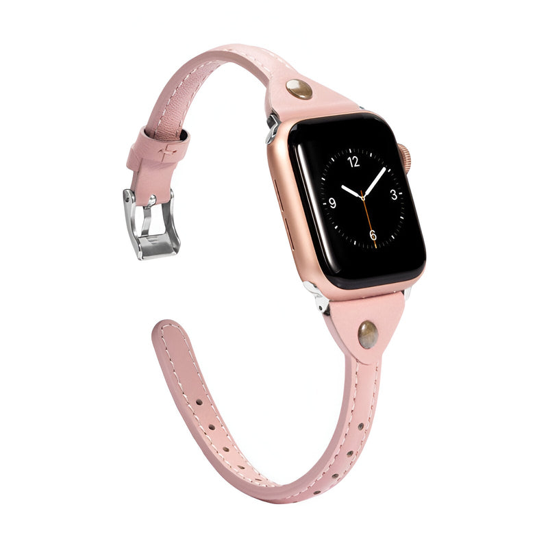 Bracelet Apple Watch en cuir rose clair avec boucle argentée, style fin et élégant.