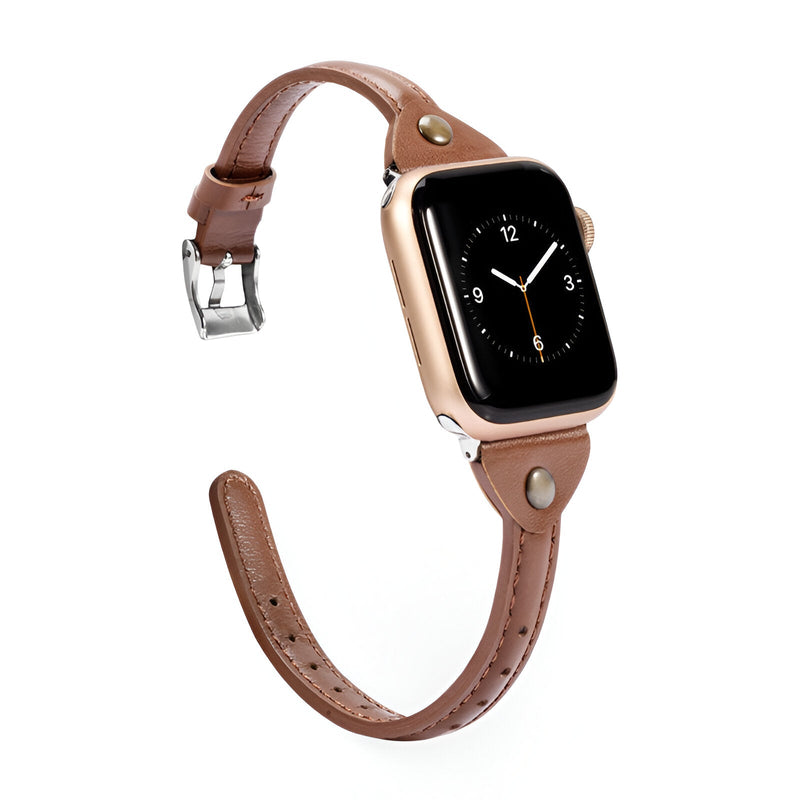 Bracelet Apple Watch en cuir marron avec boucle argentée et couture apparente.