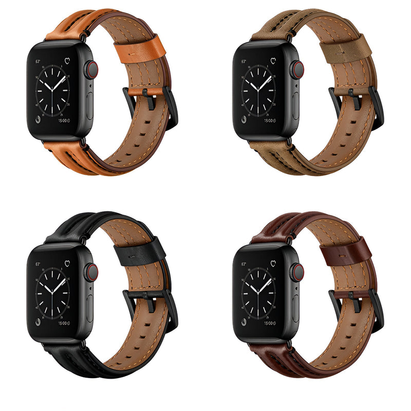 Quatre bracelets Apple Watch en cuir pleine fleur pour homme, couleurs café, kaki, noir et marron, boucles noires.