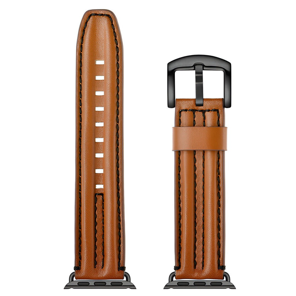 Bracelet Apple Watch en cuir pleine fleur marron, couture noire, boucle noire ajustable.