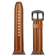 Bracelet Apple Watch en cuir pleine fleur marron, couture noire, boucle noire ajustable.