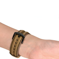 Bracelet Apple Watch cuir pleine fleur marron kaki coutures contrastantes boucle noire mat```.