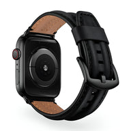 Bracelet Apple Watch en cuir pleine fleur noir, boucle classique, doublure beige perforée.