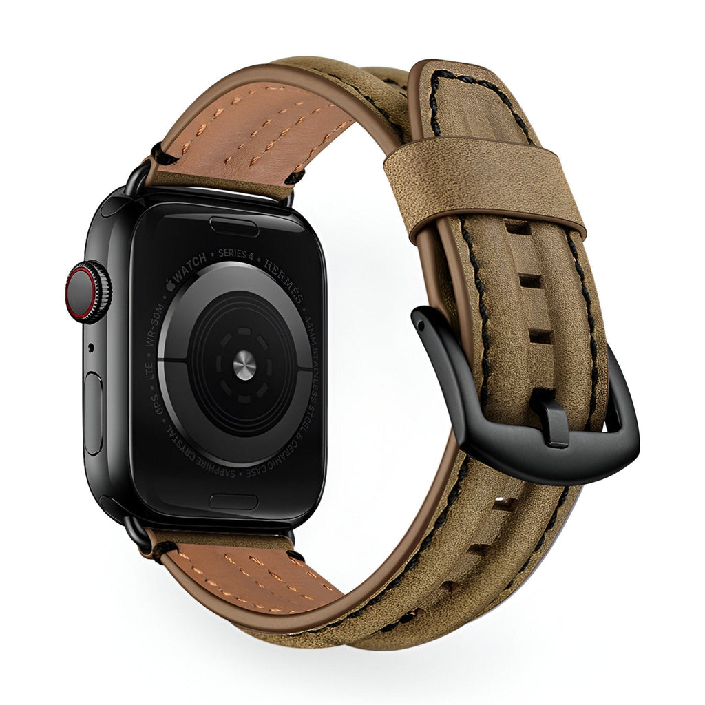 Bracelet Apple Watch en cuir pleine fleur kaki avec boucle noire, couture apparente.