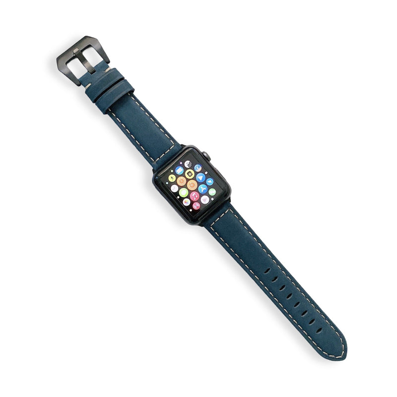Bracelet Apple Watch en cuir bleu pour femme, couture blanche, boucle métallique noire, taille 38-42 mm.