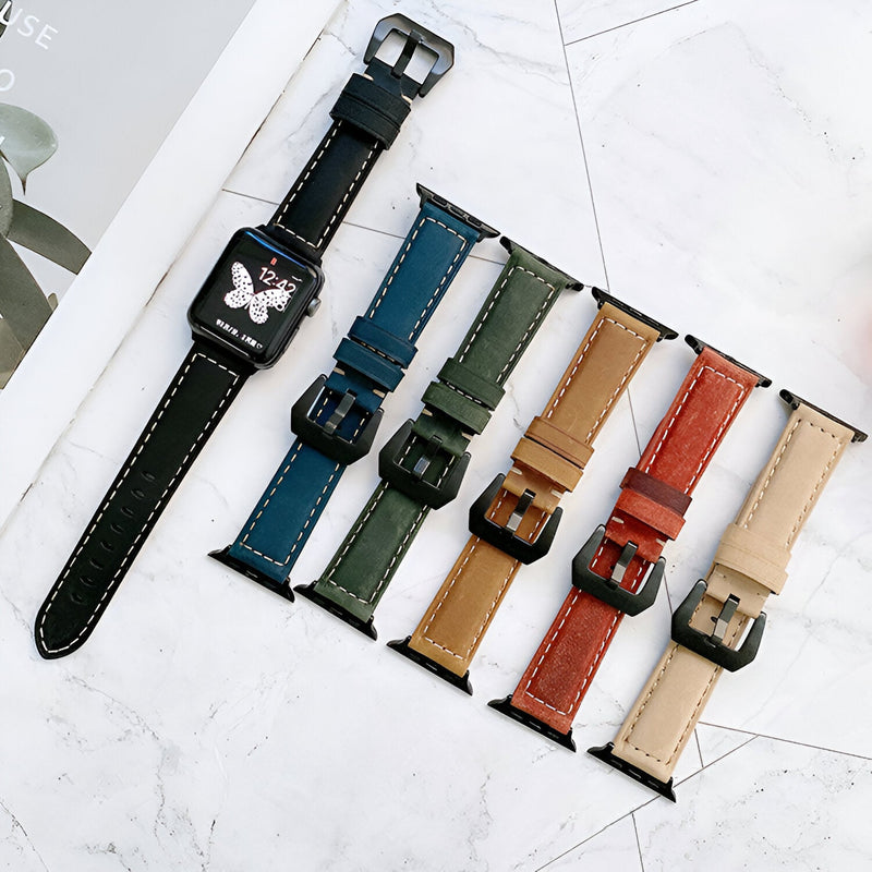 Bracelets Apple Watch en cuir pour femme, couleurs noir, bleu, vert, camel, rouge et beige, coutures contrastées.