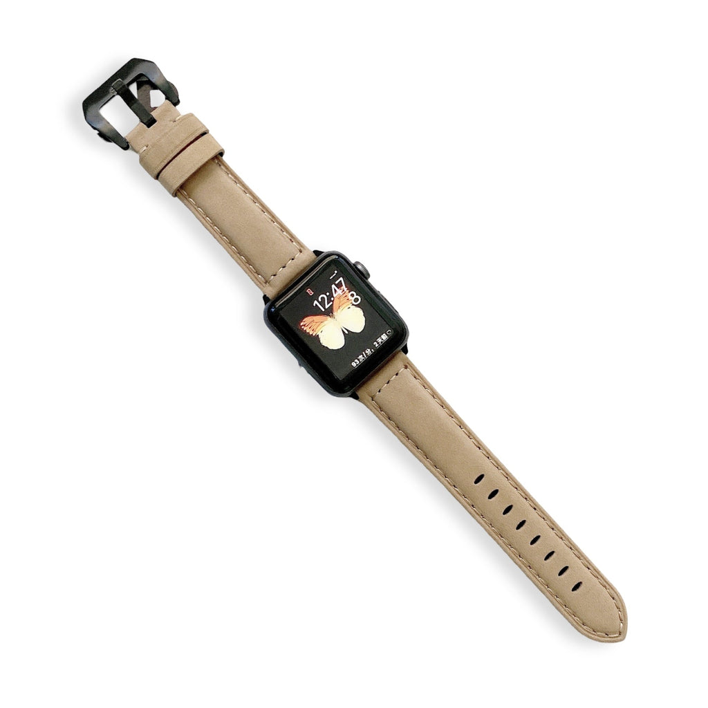 Bracelet Apple Watch en cuir beige pour femme, boucle noire, modèle Brae, taille 38-42 mm.