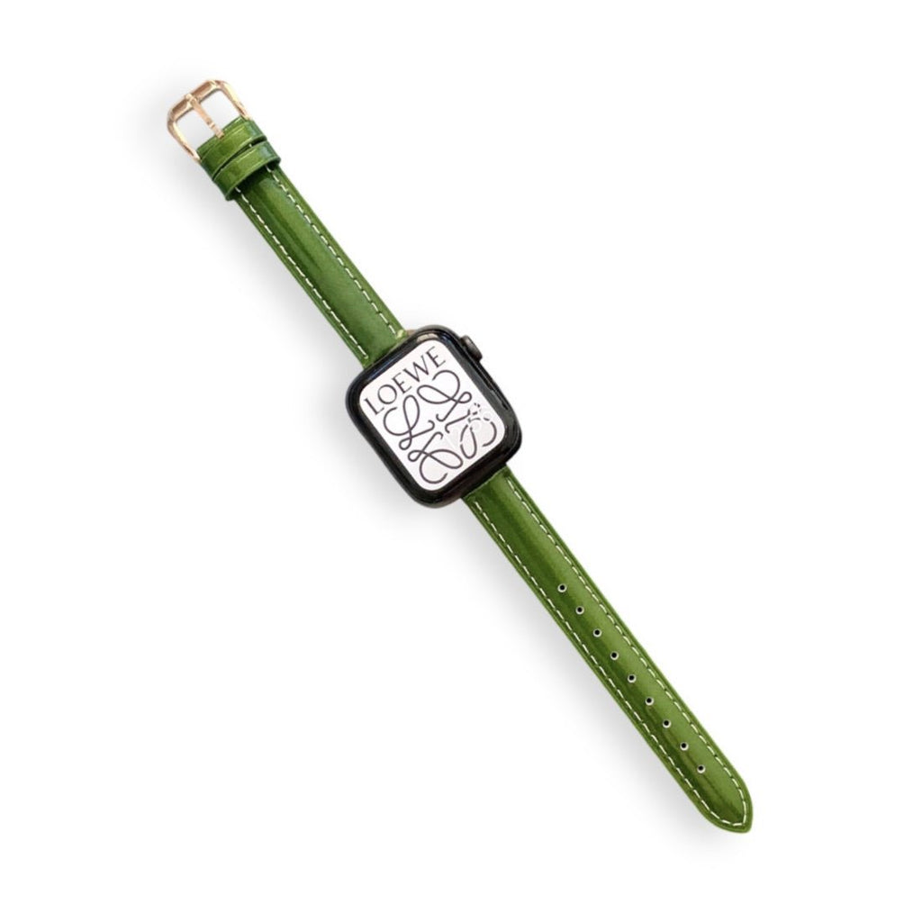 Bracelet Apple Watch en cuir vert pour femme avec boucle argentée, modèle Dexa, taille 38-42 mm.