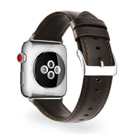 Bracelet en cuir marron foncé pour Apple Watch avec boucle en acier argenté.