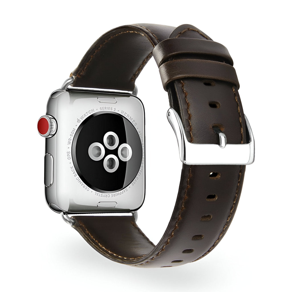 Bracelet en cuir marron foncé pour Apple Watch avec boucle en acier argenté.