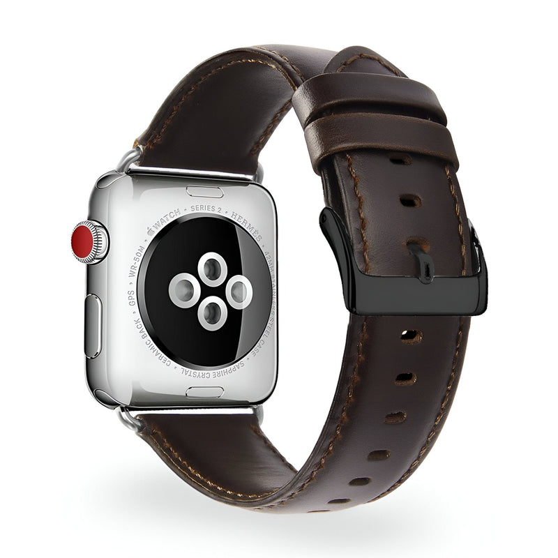 Bracelet Apple Watch en cuir marron foncé avec boucle noire, style Bryzo homme, 38-42 mm.