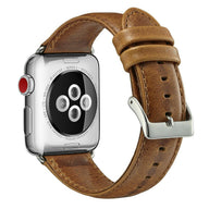 Bracelet Apple Watch en cuir marron avec boucle argentée, style classique pour homme.