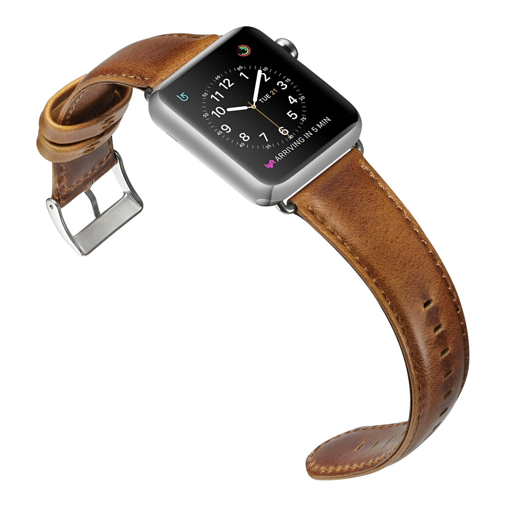 Bracelet de montre Apple en cuir marron patiné avec boucle argentée, style classique pour homme.