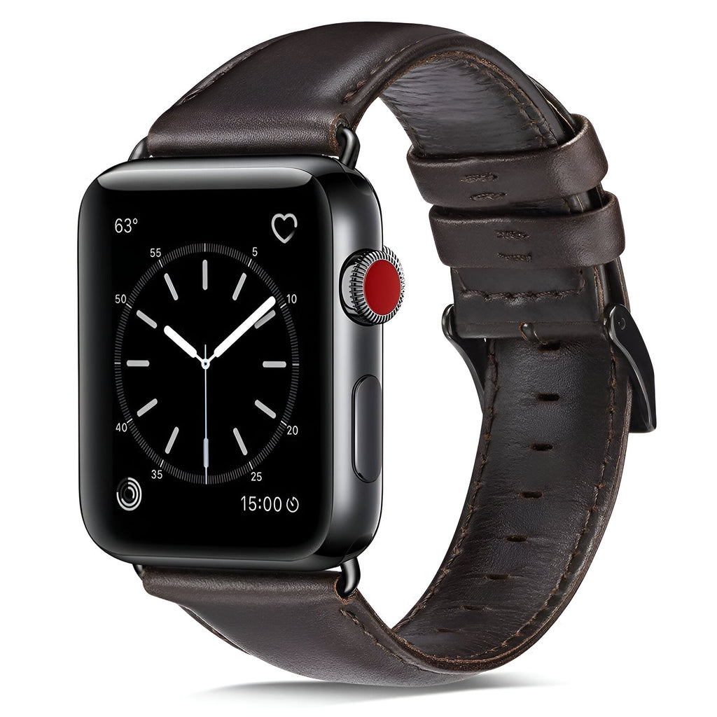 Bracelet Apple Watch en cuir marron foncé pour homme avec boucle argentée, style classique Bryzo.