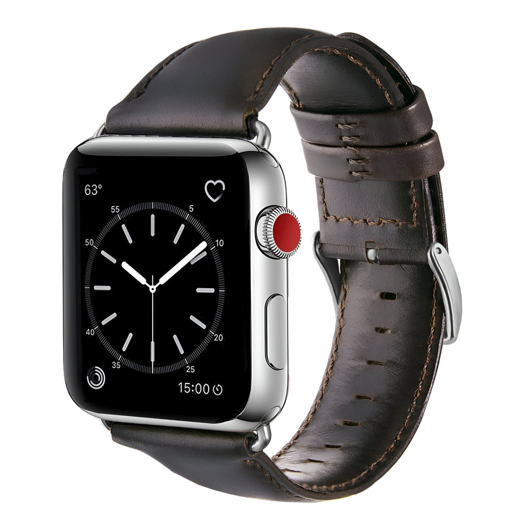 Bracelet en cuir marron foncé avec coutures visibles pour Apple Watch homme, boucle argentée.