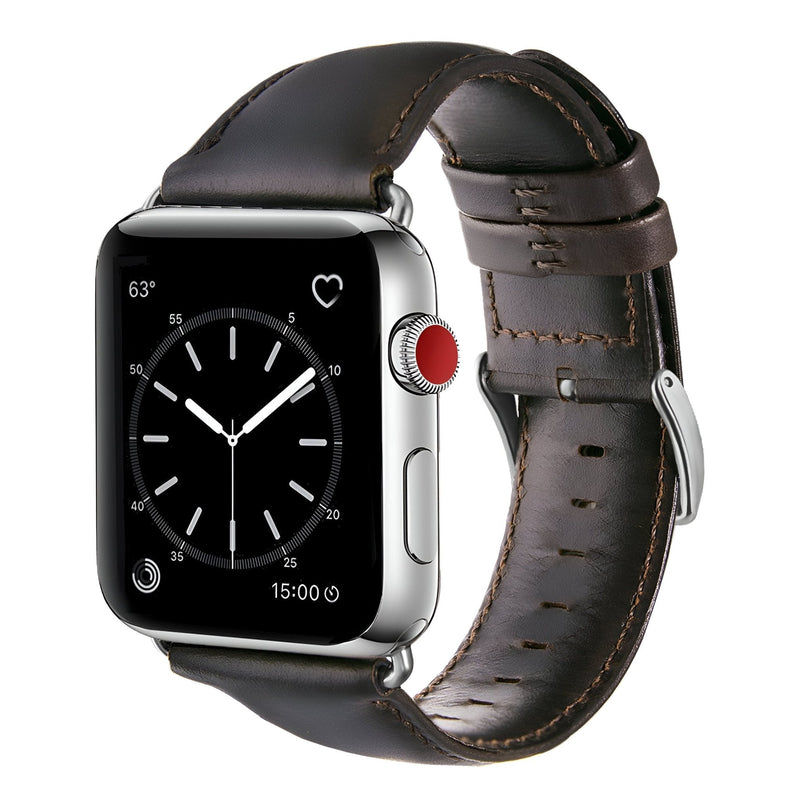 Bracelet en cuir marron foncé avec coutures visibles pour Apple Watch homme, boucle argentée.