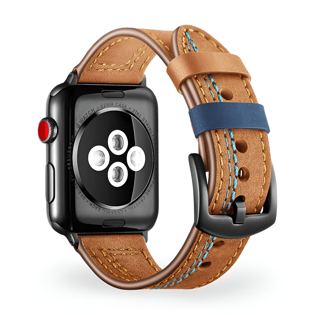 Bracelet Apple Watch en cuir marron clair avec coutures bleues, boucle noire mate, style Lazio.