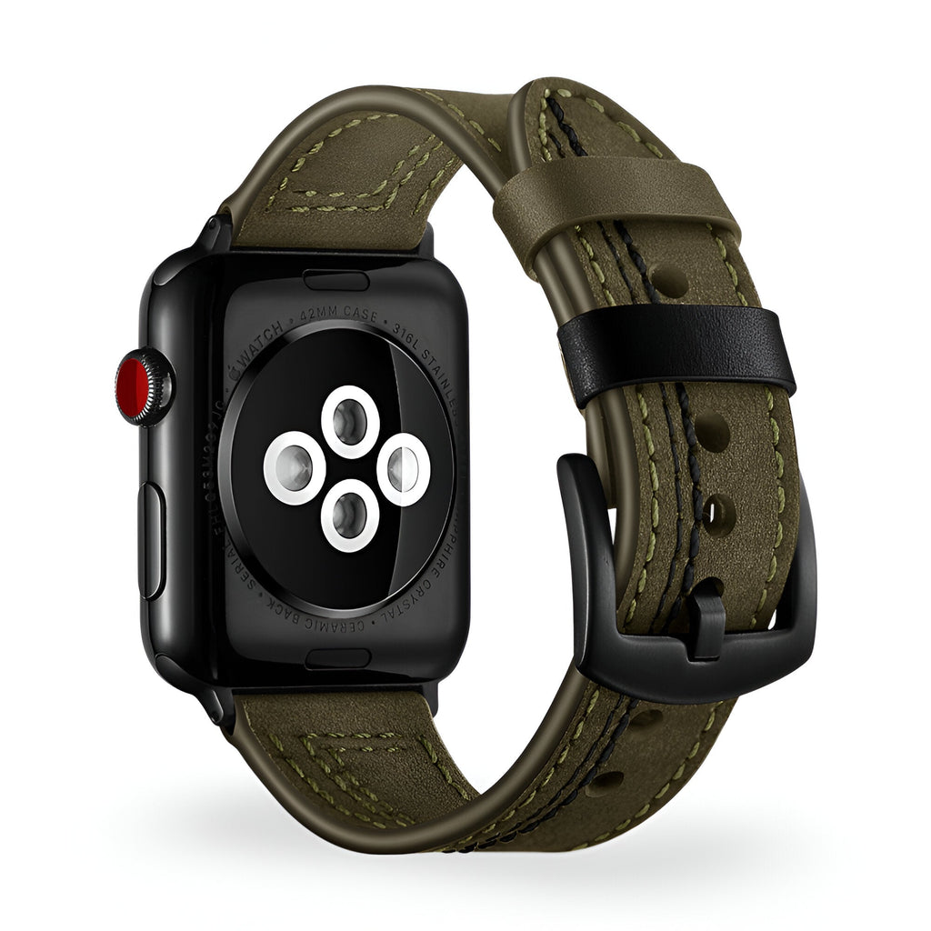 Bracelet Apple Watch en cuir kaki avec boucle noire, style classique pour homme, modèle Lazio.