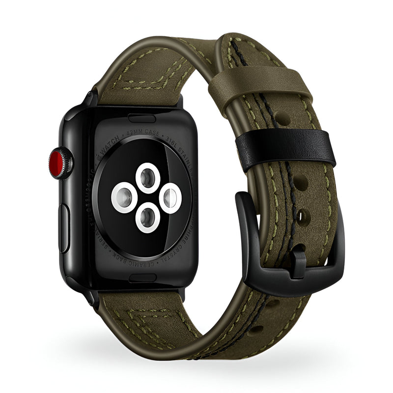 Bracelet Apple Watch en cuir kaki avec boucle noire, style classique pour homme, modèle Lazio.