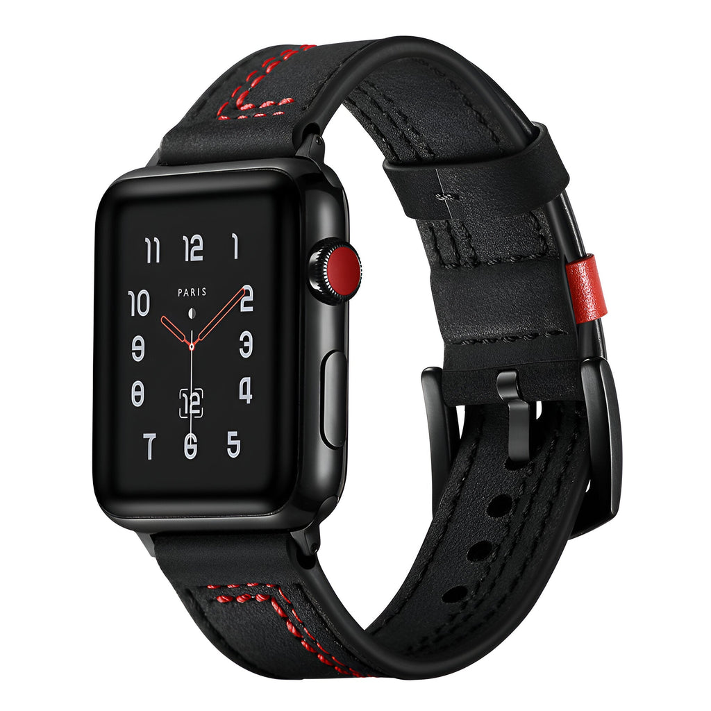Bracelet Apple Watch en cuir noir avec coutures rouges et boucle noire mate pour homme.