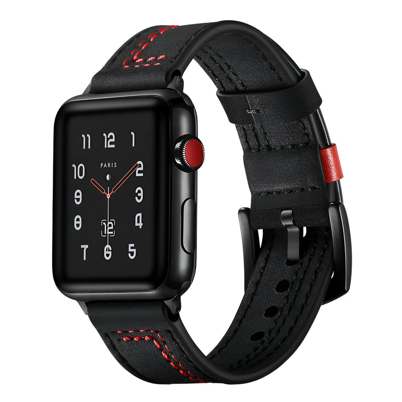 Bracelet Apple Watch en cuir noir avec coutures rouges et boucle noire mate pour homme.