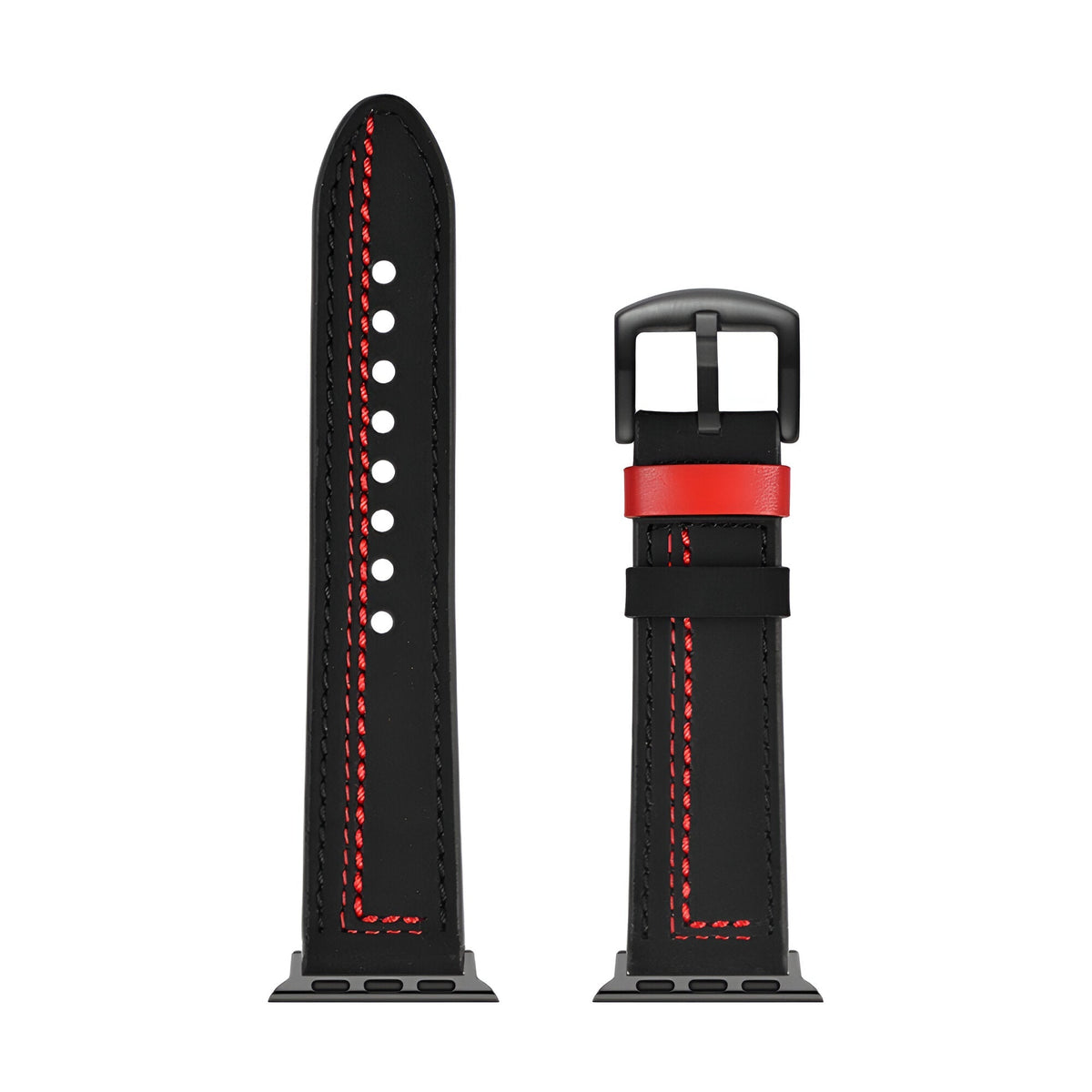 Bracelet Apple Watch en cuir noir avec surpiqûres rouges, boucle noire mate, style élégant homme.