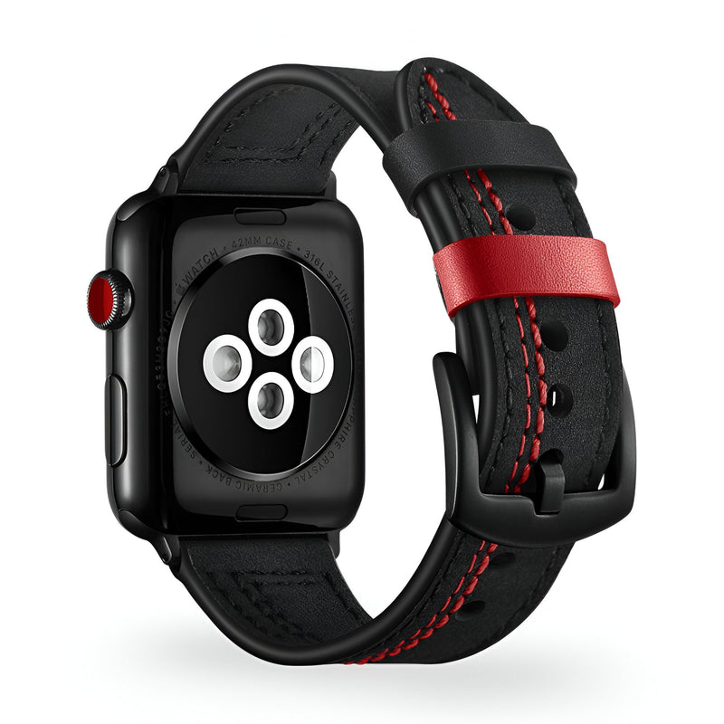 Bracelet Apple Watch cuir noir avec coutures rouges et boucle rouge pour homme.