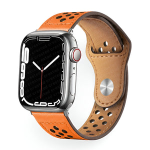 Bracelet pour Apple Watch en cuir orange perforé, modèle Olexia, ajustable et respirant.