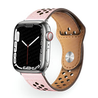 Bracelet Apple Watch en cuir rose perforé avec doublure marron, style respirant pour femme modèle Olexia.