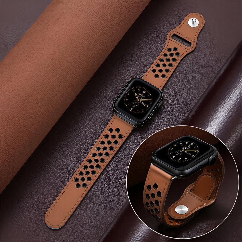 Bracelet Apple Watch cuir marron perforé style sport pour femme, modèle Olexia, 38-42 mm.