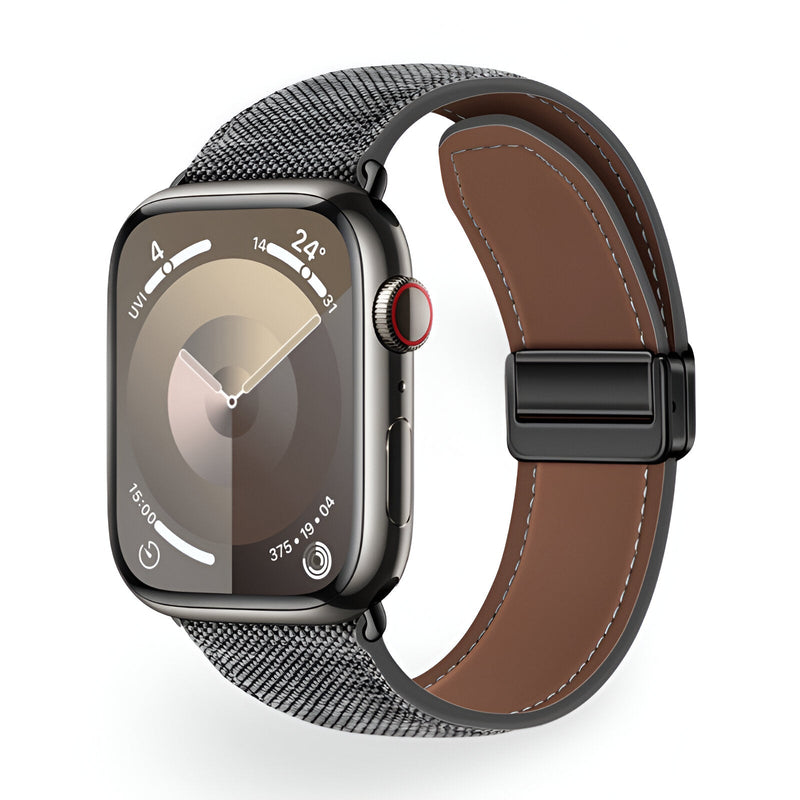 Bracelet Apple Watch en cuir tissé gris, intérieur cuir marron, boucle noire, style Aion.
