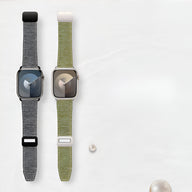 Bracelets Apple Watch Aion en cuir tissé gris foncé et vert clair, modèles mixte, boucles argentées.