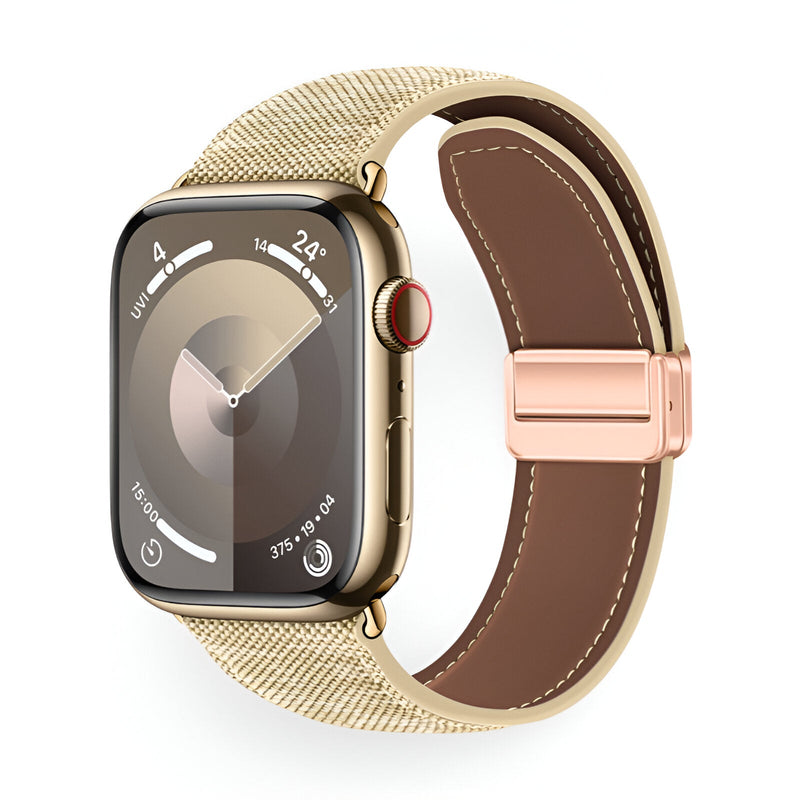 Bracelet Apple Watch en cuir tissé beige avec boucle rose doré, style mixte Aion.