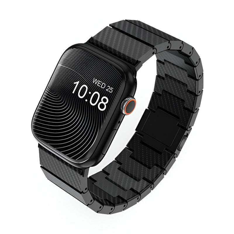 Bracelet en fibre de carbone noir pour Apple Watch, design maillon élégant et texturé.